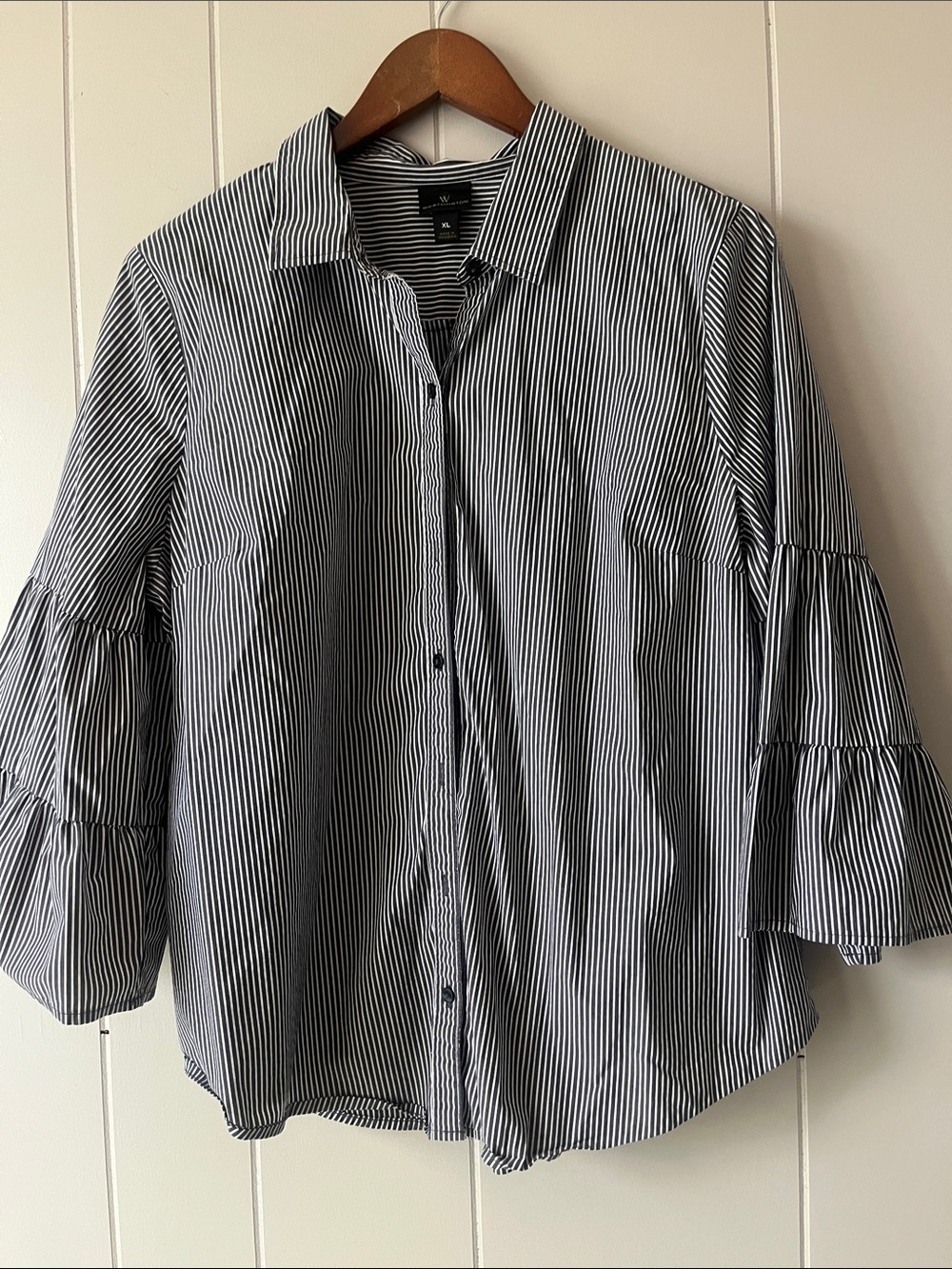 Black & White Striped Button-Up Top with Tiered Sleeves